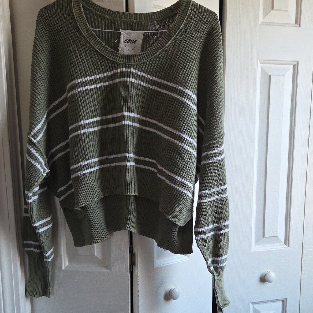 Aerie Olive Green and White Striped Crewneck Sweater